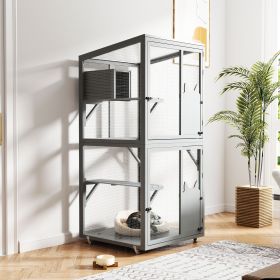 Outdoor Cat Catio on Wheels, Cat Cage with Platforms and Condo, Sunlight Roof, Patio Cat Enclosure, Gray